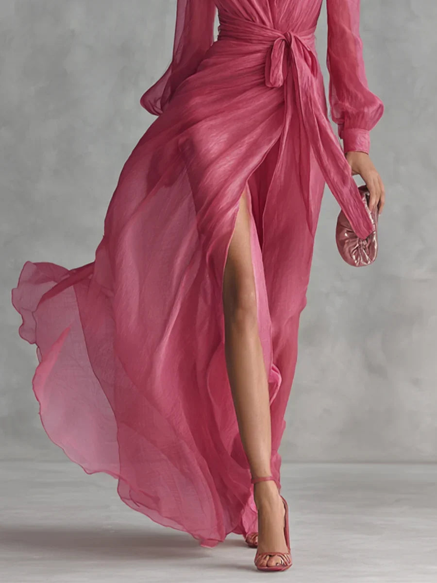 Gloria | Vestito Lungo Elegante Rosa Corallo Scollo a V