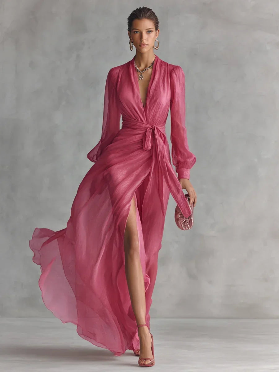 Gloria | Vestito Lungo Elegante Rosa Corallo Scollo a V