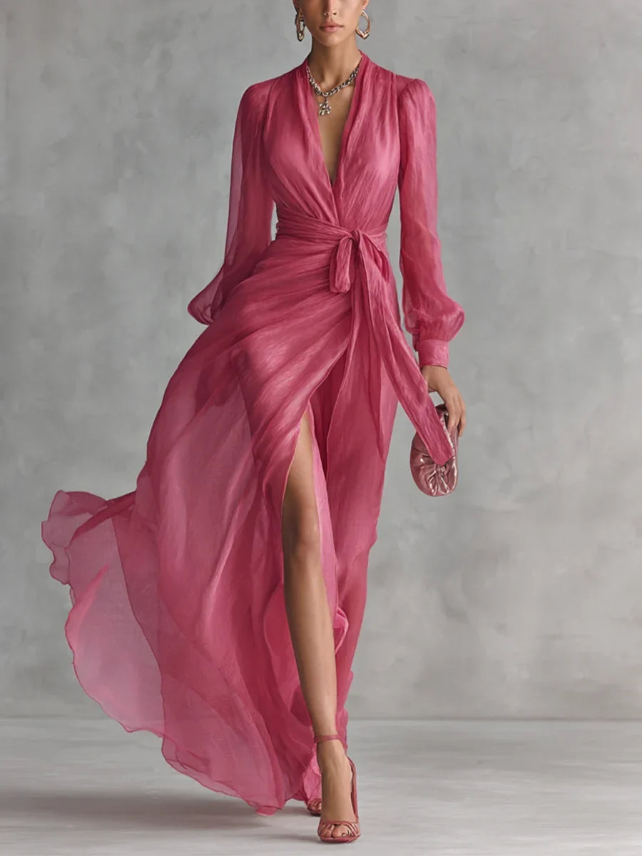 Gloria | Vestito Lungo Elegante Rosa Corallo Scollo a V