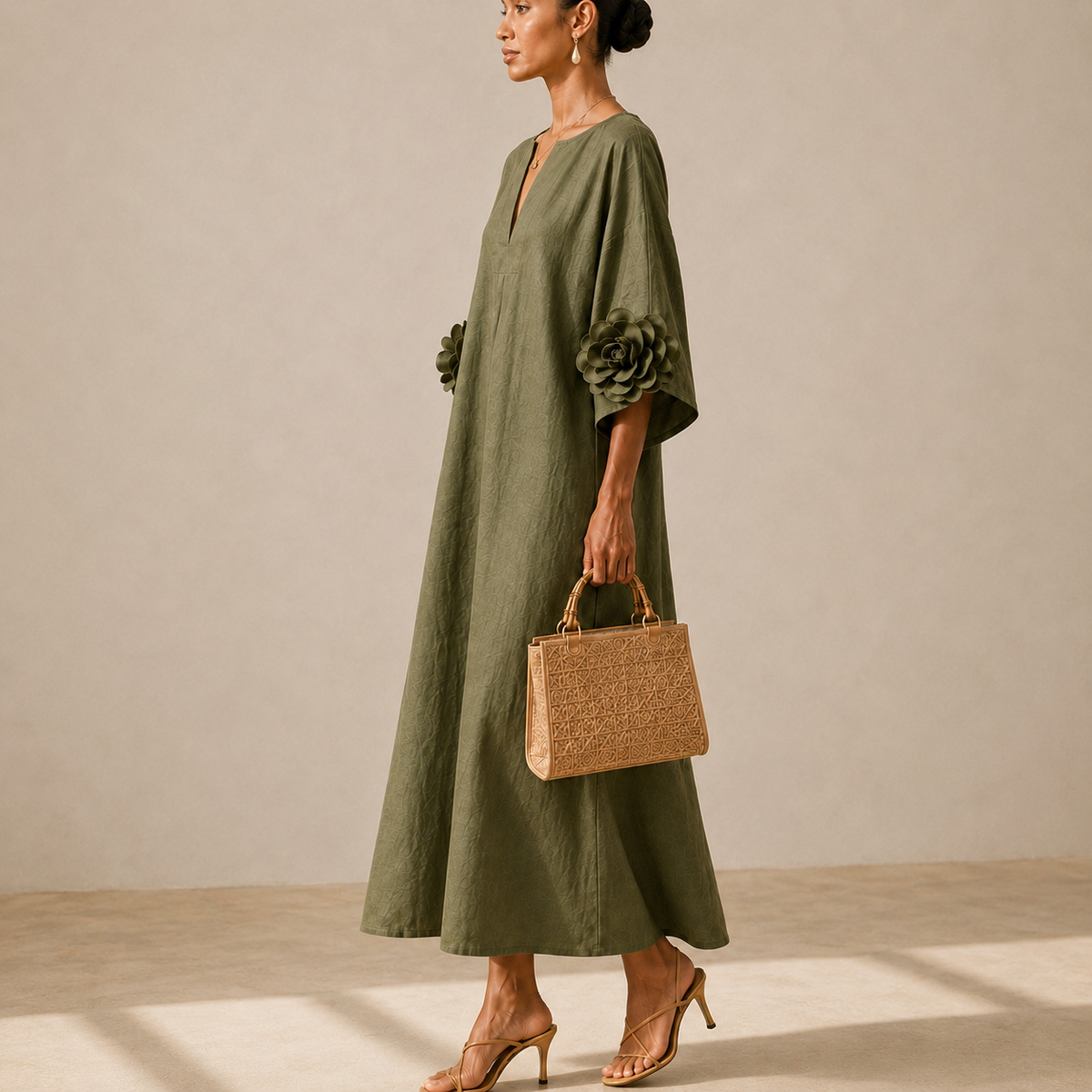 Amelie Rosier | Dalia — Vestido Midi Verde Oliva Floral