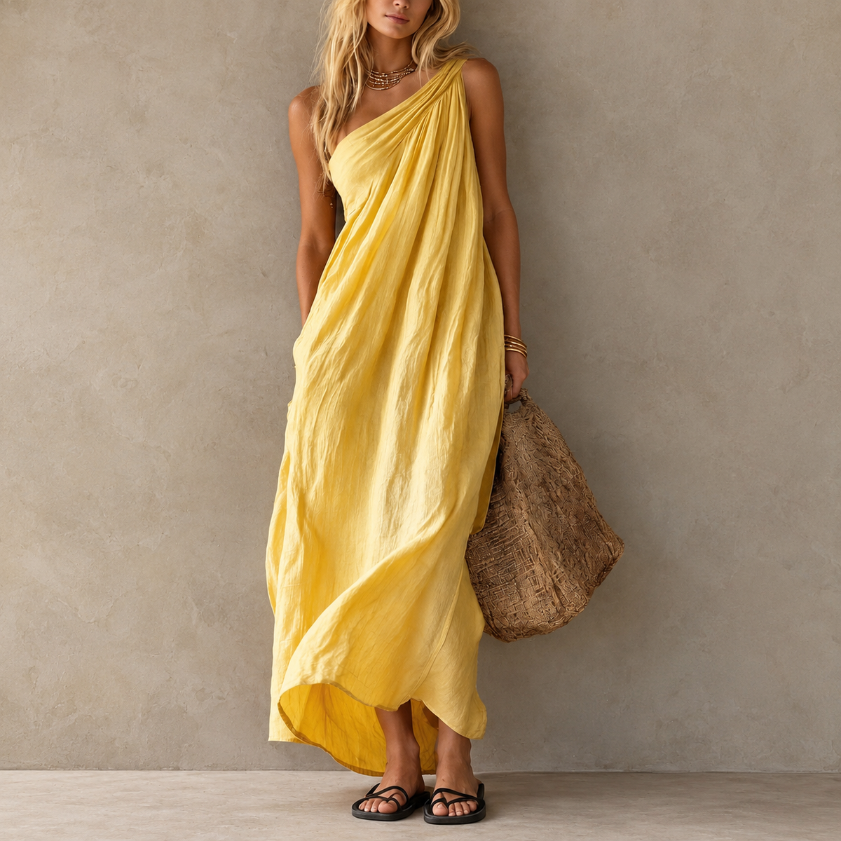 Amelie Rosier | Adriana — Vestido Maxi Asimétrico Efecto Lino