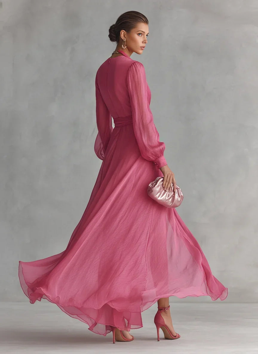 Gloria | Vestito Lungo Elegante Rosa Corallo Scollo a V
