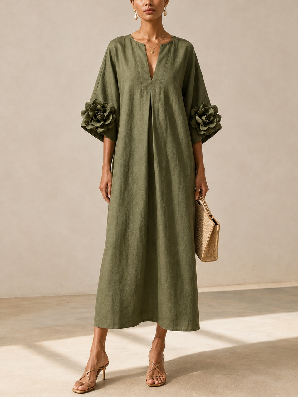 Amelie Rosier | Dalia — Vestido Midi Verde Oliva Floral