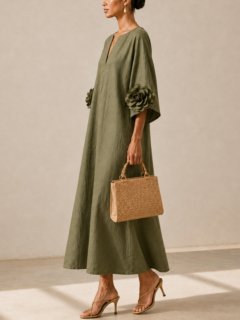 Amelie Rosier | Dalia — Vestido Midi Verde Oliva Floral